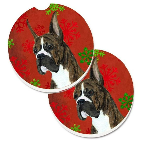Boxer Red & Green Snowflakes Holiday Christmas Set of 2 Cup Holder Car Coaster