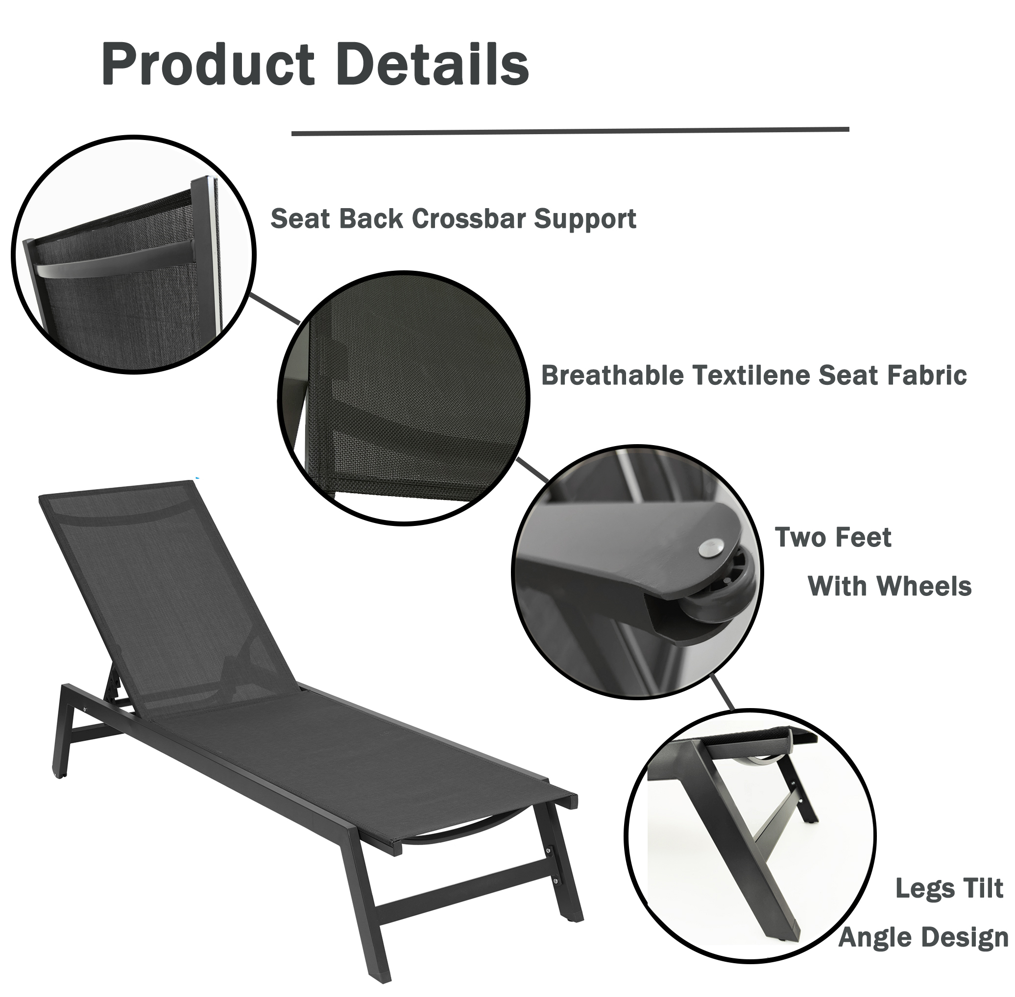 Seizeen Outdoor Chaise Lounge Chair, Five-Position Adjustable Patio Lounge Chair for Poolside Deck Porch Backyard, Black Aluminum Frame Furniture Set with Wheels - image 3 of 11