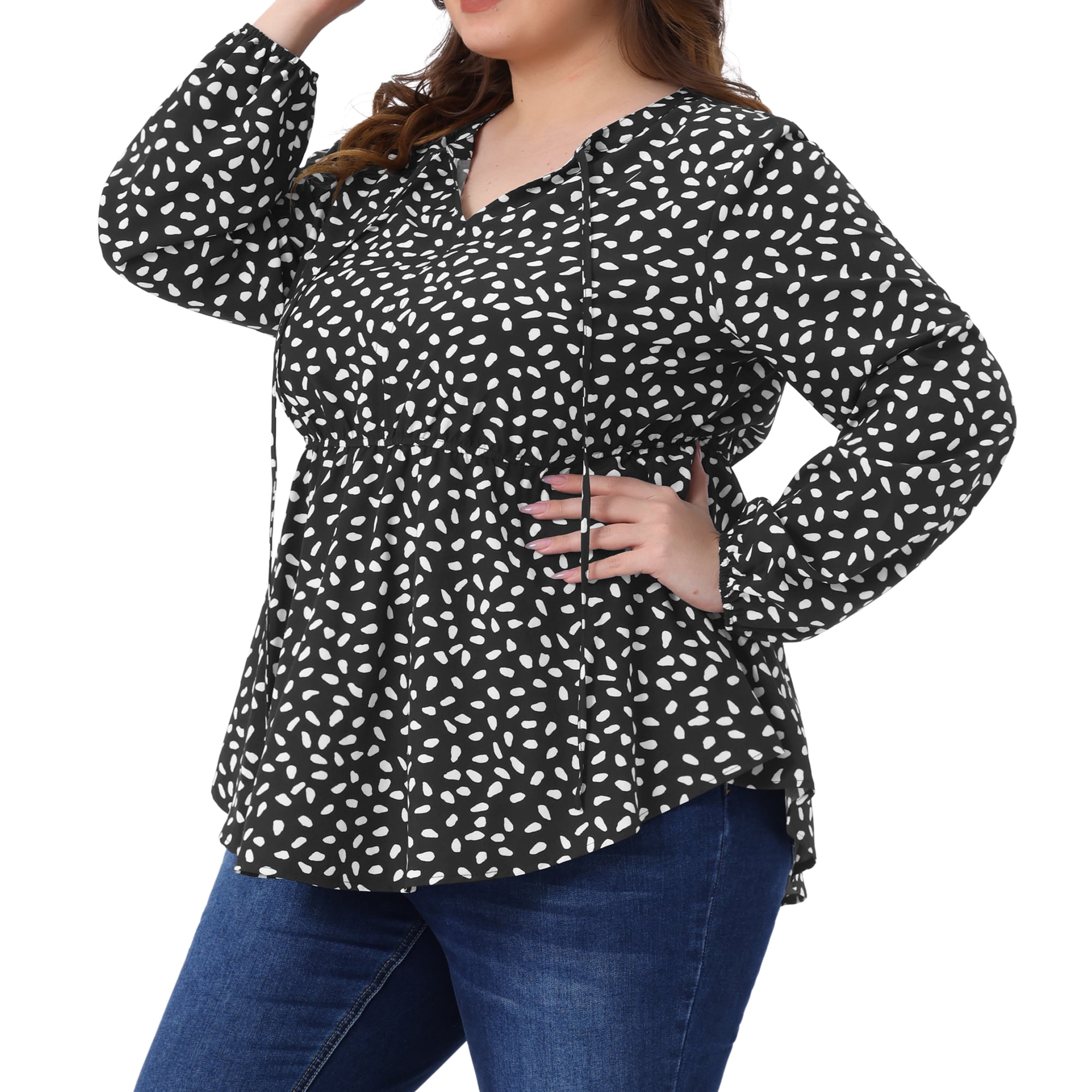 DARING DIVA Women's Plus Babydoll Polka Dots Tie Front Neck Blouse 3X Black