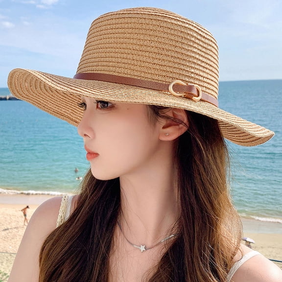 Women's straw hat summer flat top belt sun hat with large brim straw beach hat high-end hat white 1 piece