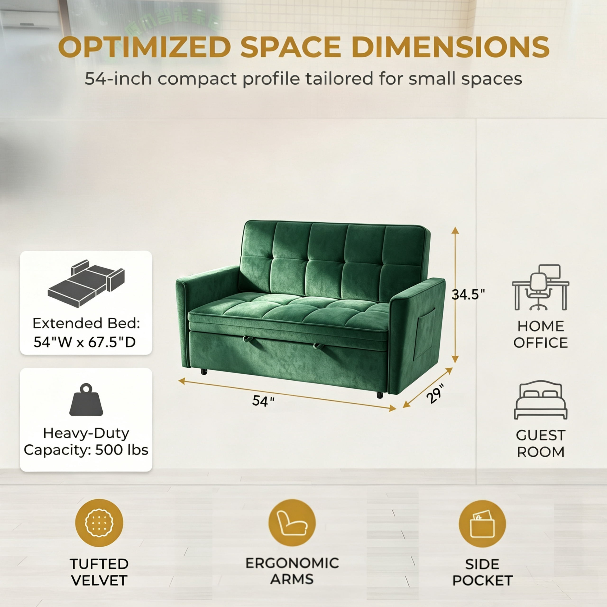 54" Convertible Sleeper Sofa Bed, Modern Velvet 3-in-1 Pull Out Loveseat Couch with 5-Position Backrest & Side Storage Pocket for Living Room, Green