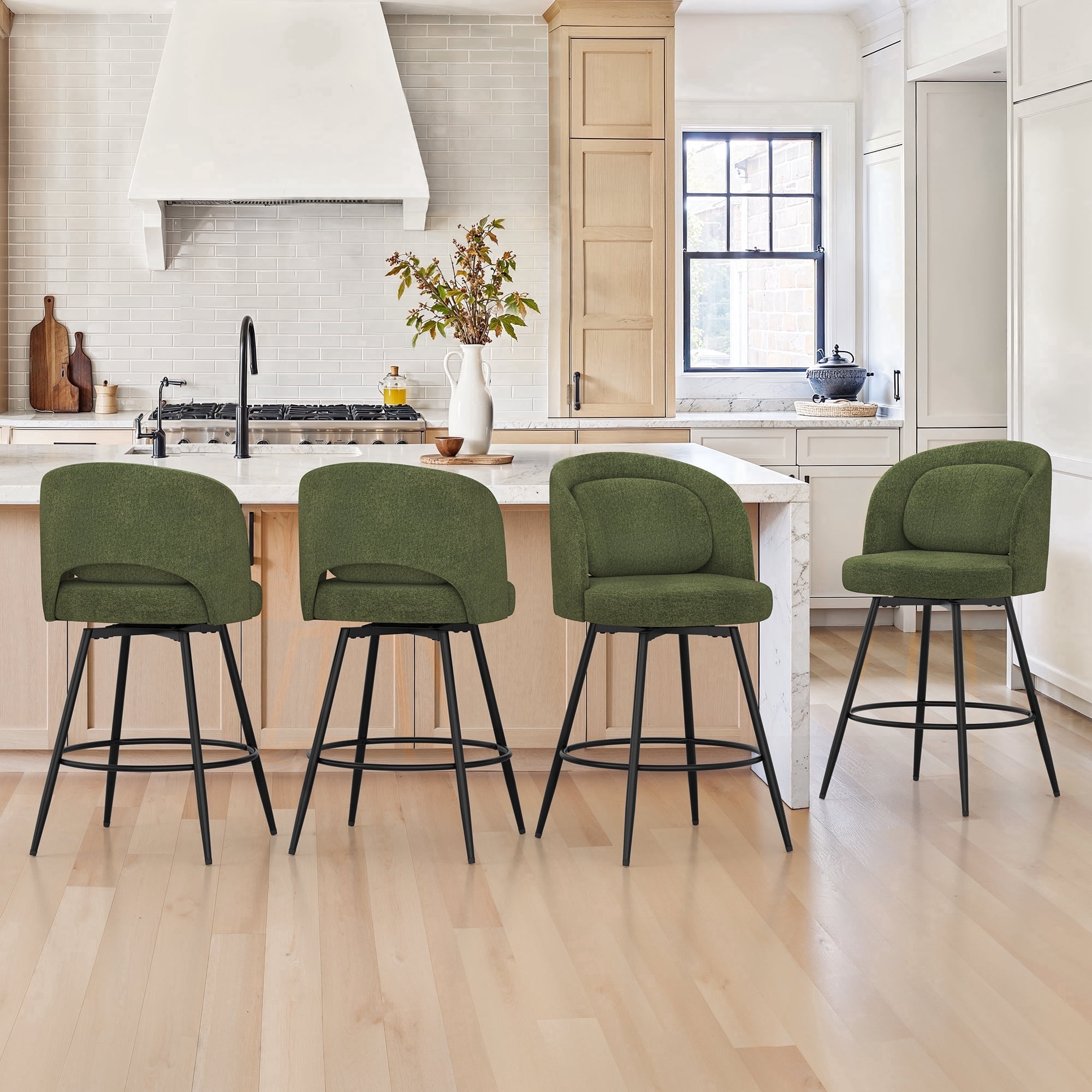 Carolayne 26.5" Swivel Bar Stools Set of 4, Modern Fabric Counter Height Bar stools with Back & Removable Cushion for Kitchen Island, Green