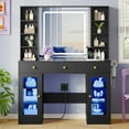 thumbnail image 2 of PUFFCAFE Makeup Vanity Desk with Mirror and Lights,Glass Top Vanity Table with RGB Cabinets,Large Dressing Table for Women Bedroom,Black Vanity, 2 of 8