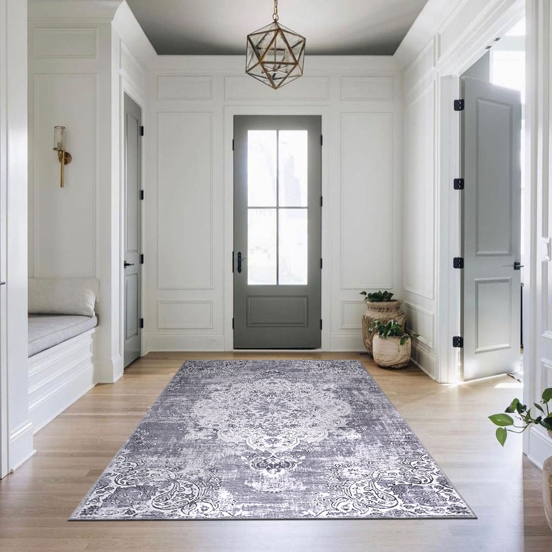 CAMILSON Machine Washable Rug, Distressed Vintage Area Rugs, Stain and Water Resistant, Traditional Bohemian Indoor Carpet (5x7, Grey)