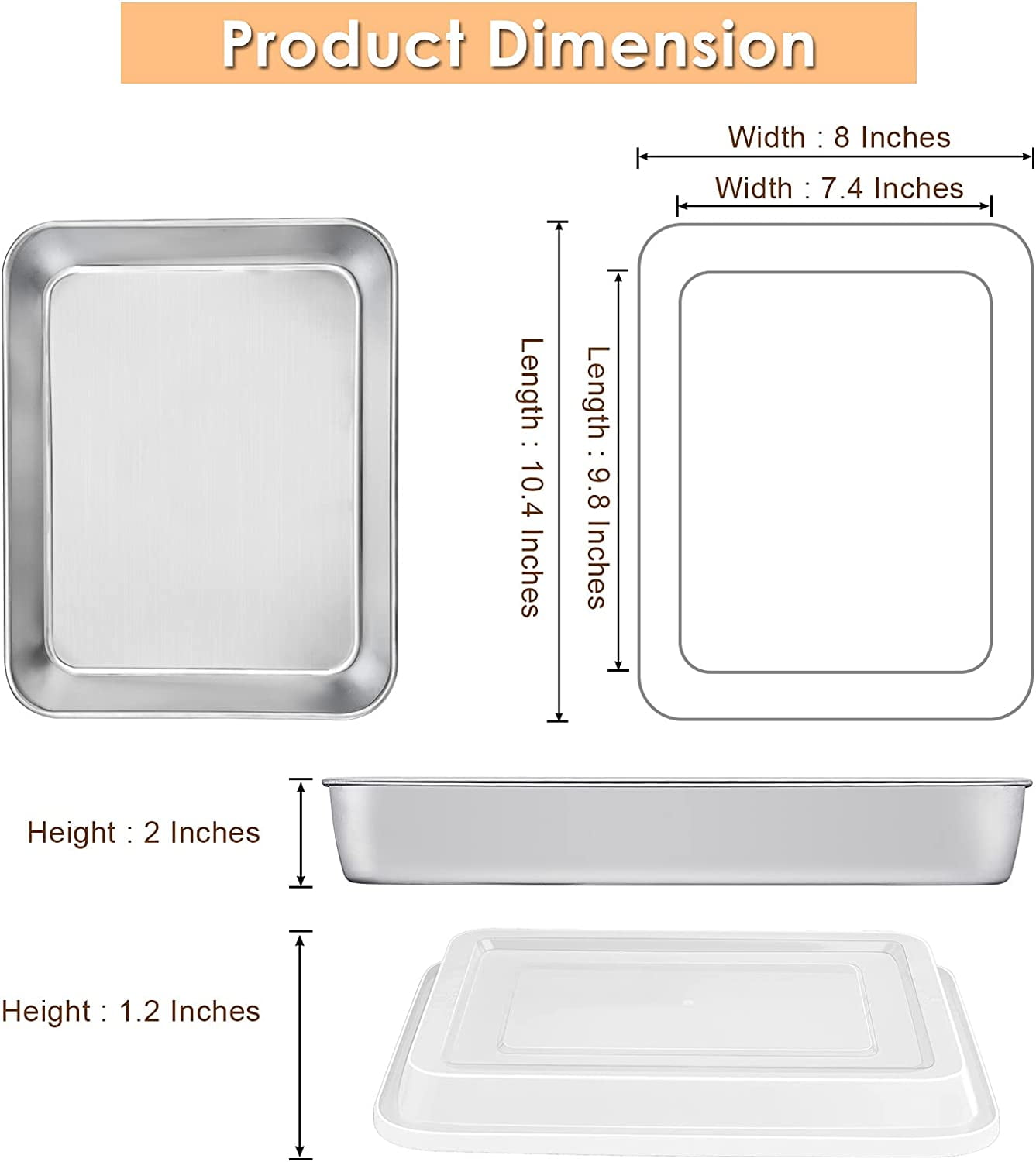 Vesteel Stainless Steel Baking Pan with Lid, 10.4 x 8 x 2 Inch Rectangle Sheet Cake Pans with Covers Bakeware for Cakes Brownies Casseroles, Non-toxic & Dishwasher Safe - Set of 2