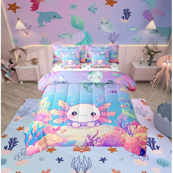 Erosebridal Kawaii Axolotl Bed in a Bag Twin size, Blue Pink Bed Set, Ocean Coral Reversible Bedding Twin Size, Breathable Room Decor, 7 Pieces