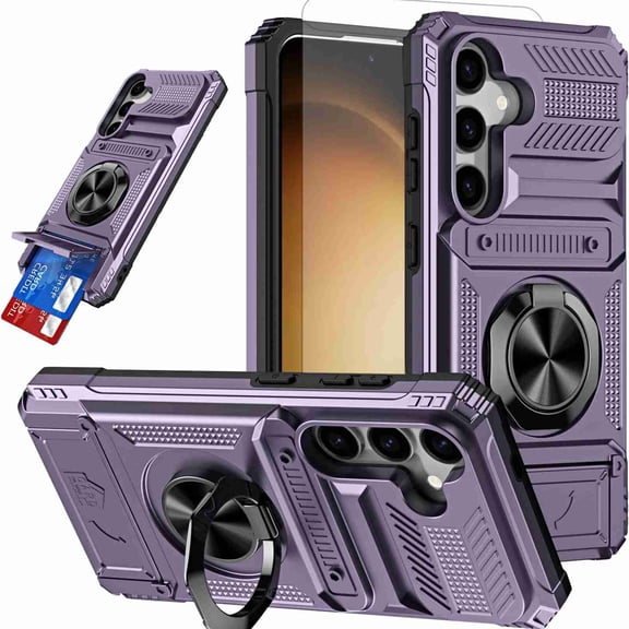 Poweltek for Samsung Galaxy A16 5G Case with Screen Protector, Shockproof Card Holder Magnetic Rotated Ring Kickstand Heavy Duty Dual Layer Hidden Card Slot Protective Cover, Purple