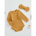 thumbnail image 4 of Musuos Baby Girl Fall Outfit, 3 6 9 12 18 Months Solid Color Round Neck Long Sleeve Ribbed Romper Bow Headband 2 Piece Set, 4 of 9