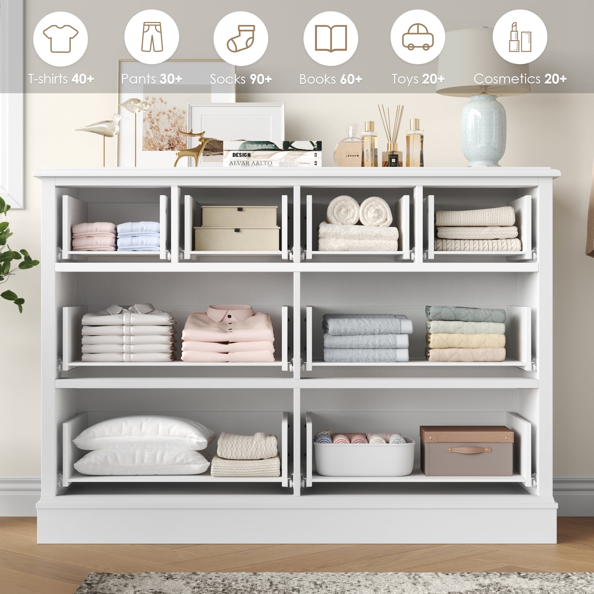 Homfa 8 Drawer Horizontal Combo Dresser for Bedroom, Modern White Chest of Drawers Wood Storage Cabinet for Living Room