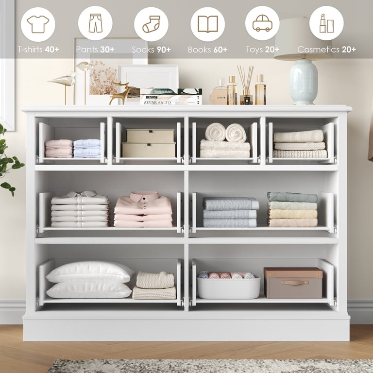 Nrizc 8-Drawer Farmhouse Dresser - 52" Long Rustic White Wooden Chest With Gold Handles