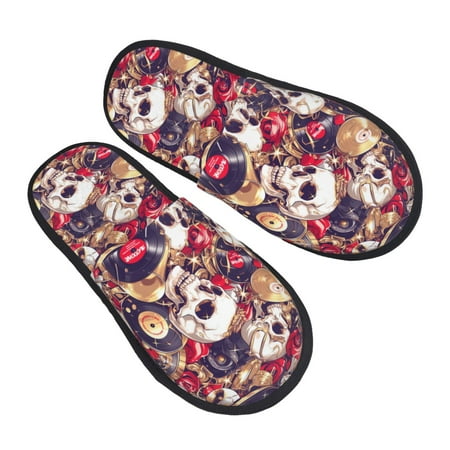 

House Slippers for Women Men - Skull record artist Soft House Shoes Fuzzy Slippers Lightweight Slip-On Cozy House Slippers for Woman Indoor Outdoor