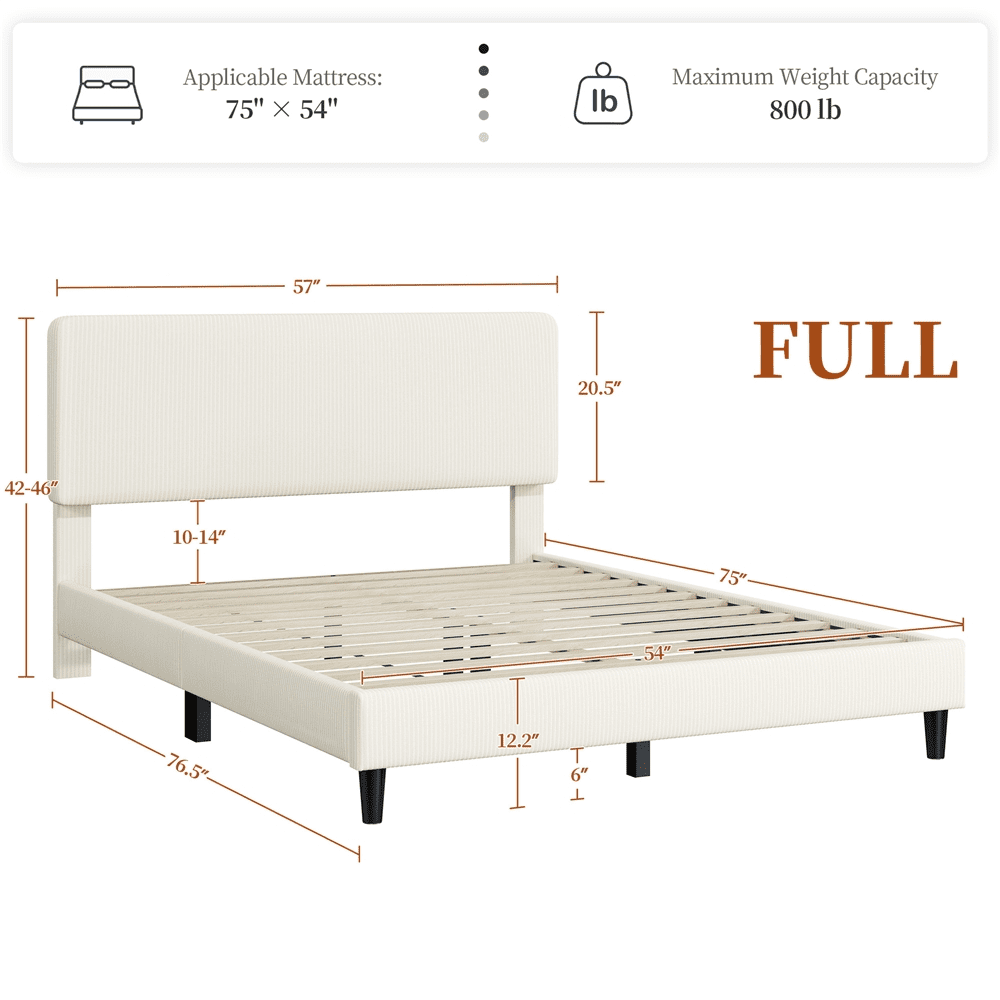Fullfurnique Cadre de Lit Capitonné avec Tête de Lit Réglable et Lattes en Bois, Double, Beige