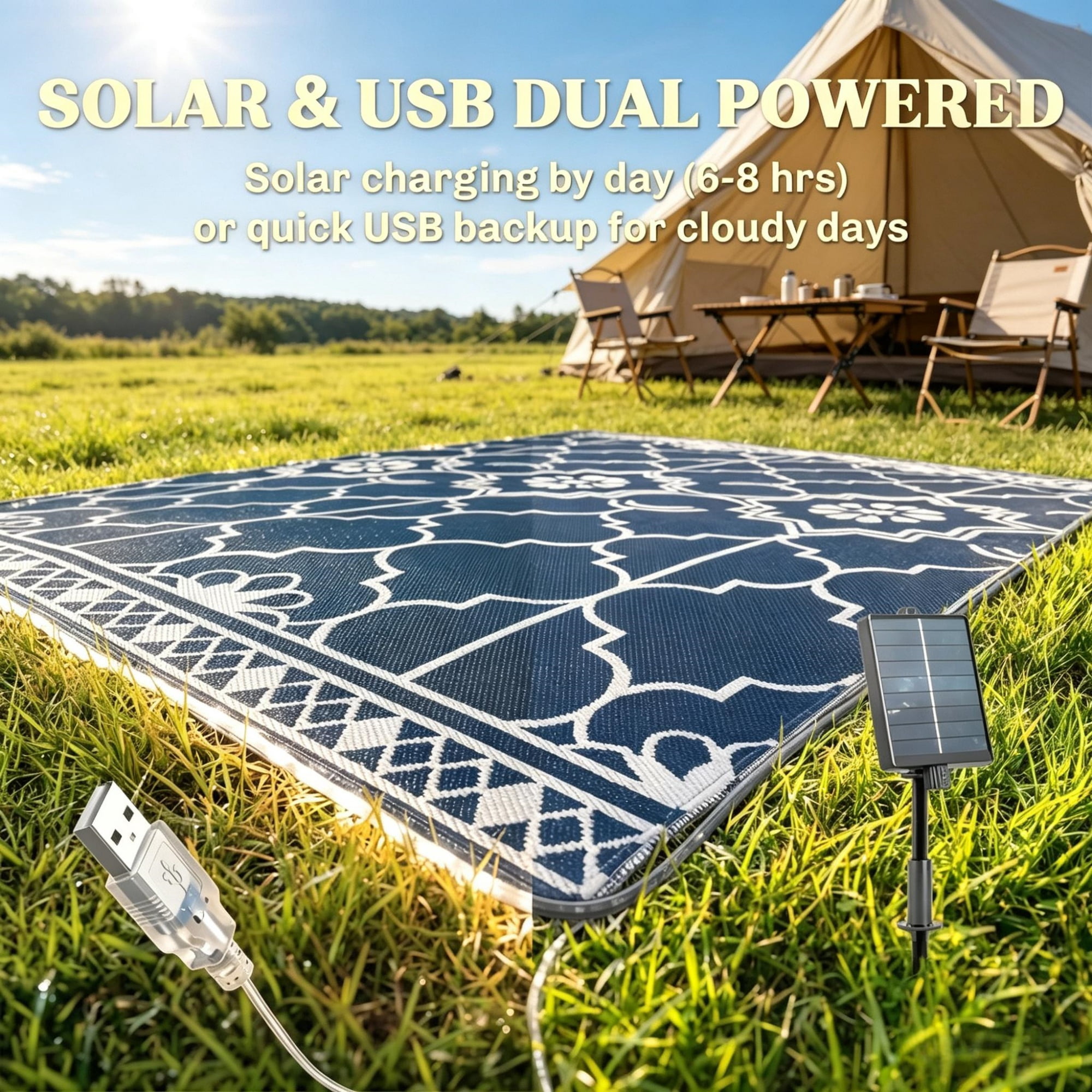 Reversible LED Light Outdoor Rug Carpet 12'x9' PP Straw Material with Carry Bag And Ground Stakes for Garden Patio Decor