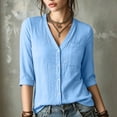 thumbnail image 6 of Women Solid Textured V Neck Button Up Shirt, Three-Quarter Rolled Sleeve Casual Blouse Top With Chest Pocket, Lightweight Breathable Summer Daily Wear Shirts, 6 of 9