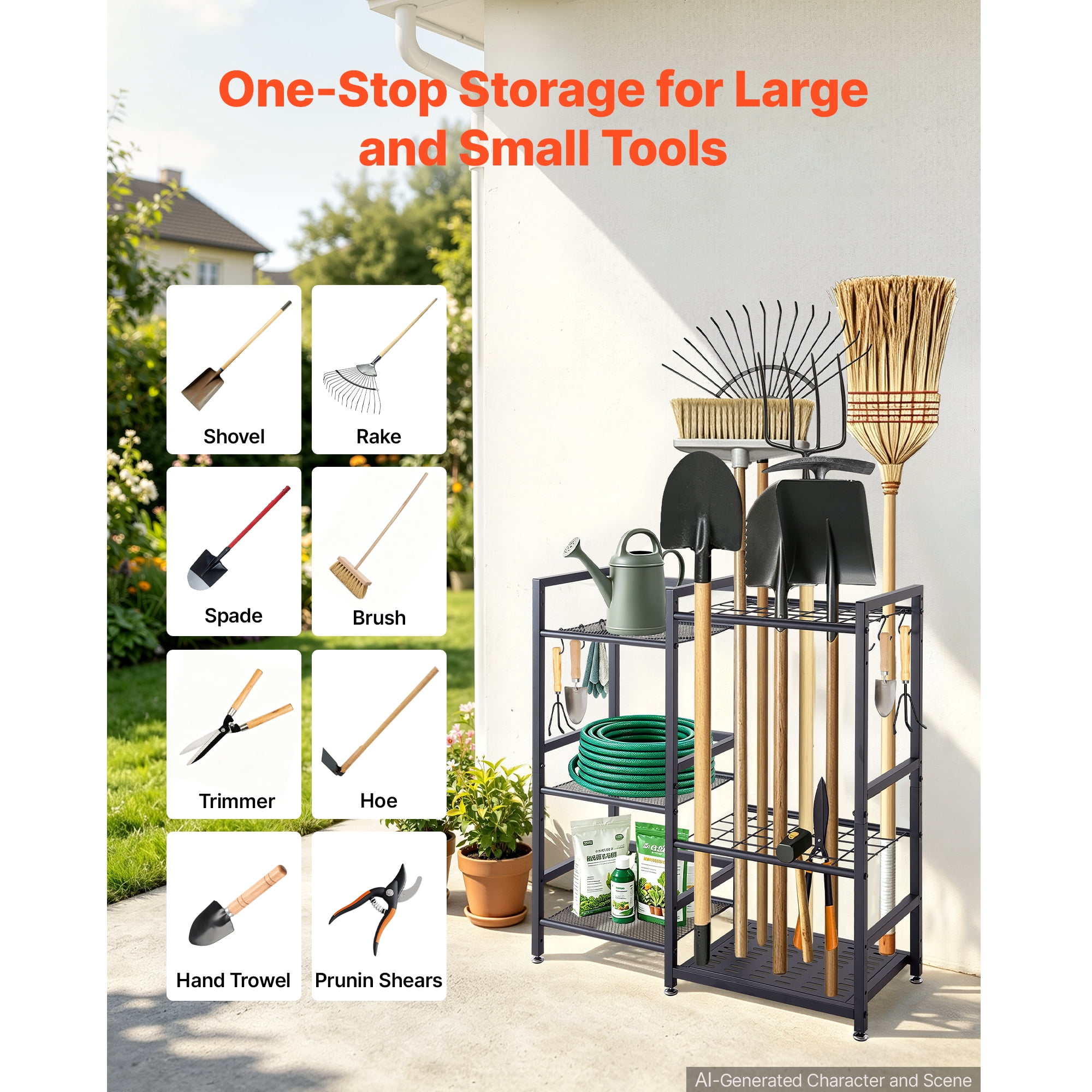 KFFKFF 3-Tier Metal Garden Tool Organizer with Guard Rail, Heavy-Duty Steel Storage Rack for Rakes, Shovels, and Brooms, Ideal for Garage, Shed, or Outdoor Use, Includes Hooks, Black