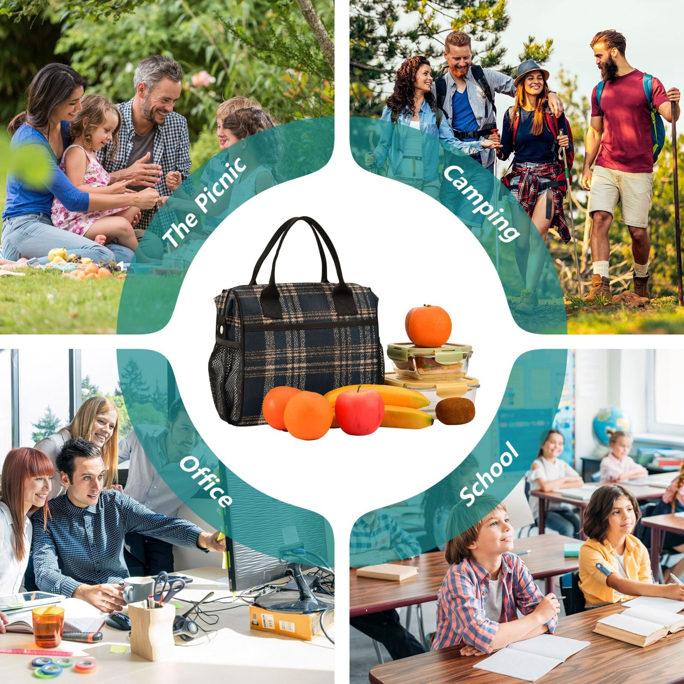 Lunch Bag Insulated Lunch Box Leakproof Reusable Cooler Tote Adjustable Shoulder Strap for Men Women Dark Green Brown Tartan 12L