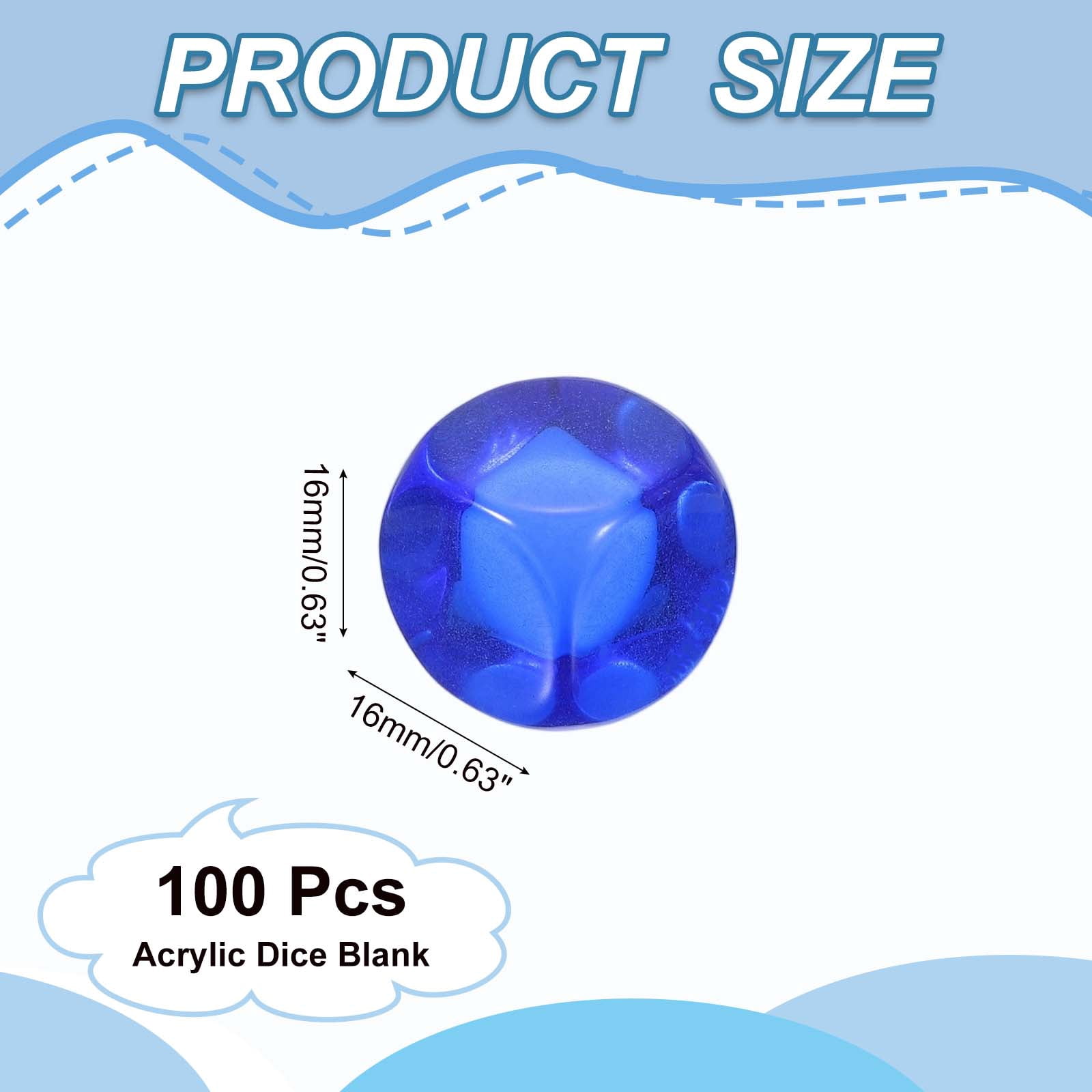 16 mm Clear Acrylic Dice Blank, 100 Pcs Rounded Corner Blank Dice with Smoothed Surface Six Sided for Board, Dark Blue