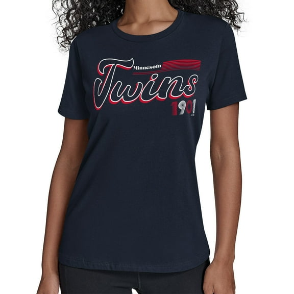 Women's Starter Navy Minnesota Twins Groovy Script Team Fitted T-Shirt
