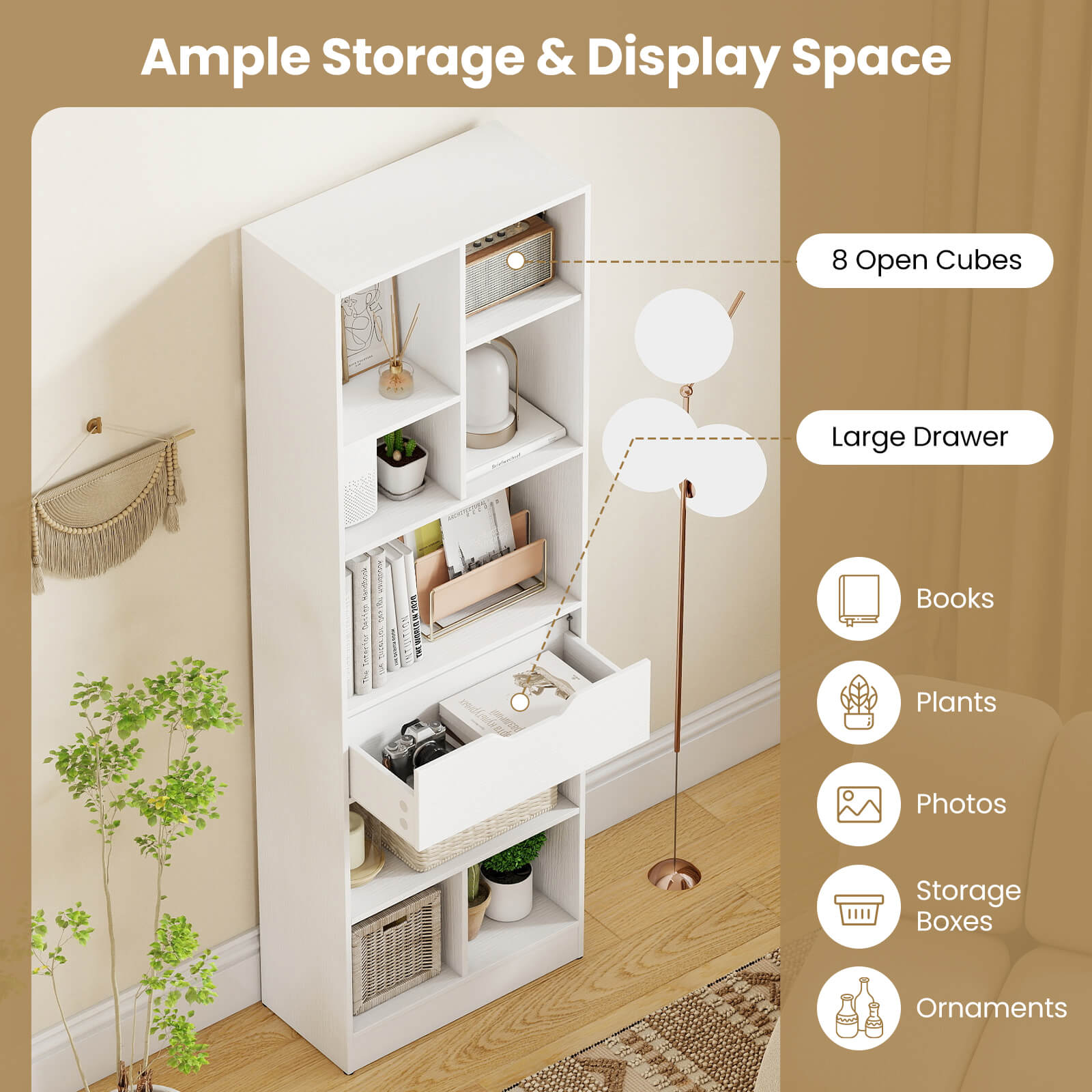 Costway 1 PCS 61” Bookcase with Drawer, 8 Open Cubes, Anti-toppling Kits for Living Room, Study White