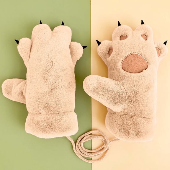 Kids Warm Gloves Cute Bear Paw Mittens Warm Lined Fingerless Neck Lanyard Outdoor Kids Mittens Khaki One Size