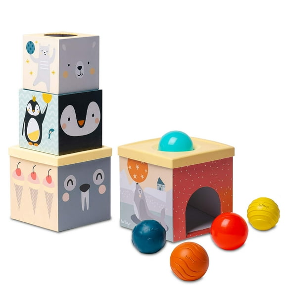 Taf Toys Toddlers Object Permanence Ball Drop Stacker, Made of Strong & Durable Cardboard Box & Plastic Cover Perfect Developmental Toy for Tummy-Time Includes 2 Smooth & 3 Squeaking Textured Balls