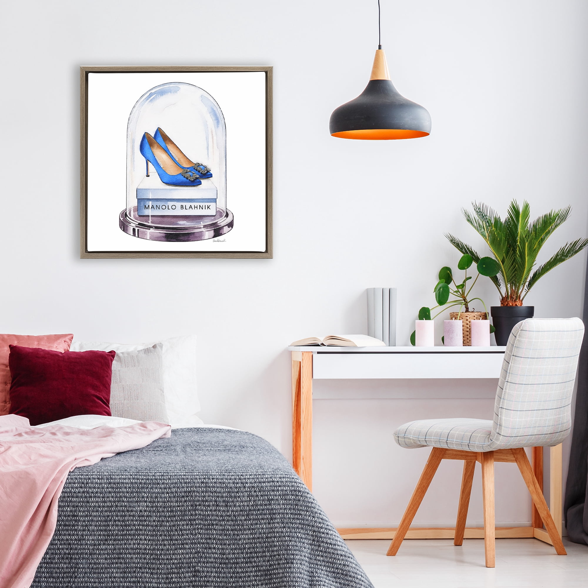 Stupell Industries Blue Heels in Bell Jar Brown Framed Floater Canvas Wall Art, design by Amanda Greenwood