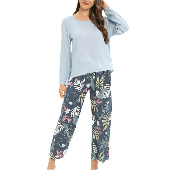 Generic Womens Pajamas Set Print Long Sleeve Sleepwear Tops with Capri Pants Pjs Lounge Set
