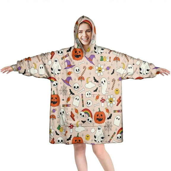 Wearable Oversized Blanket,Fun Halloween Pattern Wearable Blanket Hoodie for Adults,Cozy Hooded Blankets with Super Pockets,Super Warm Fuzzy Pullover for Women & Men