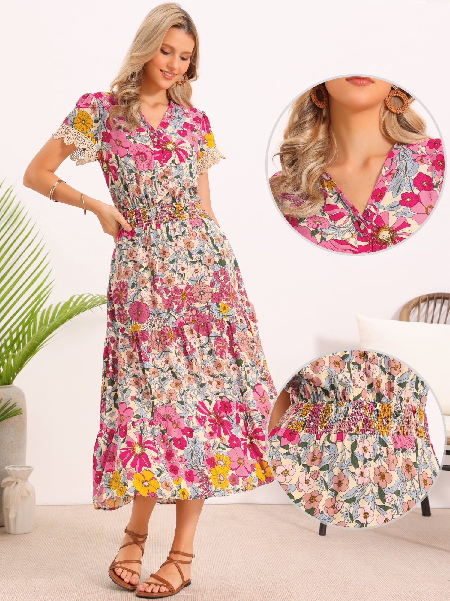 DARING DIVA Women's A-Line Floral Tiered Flowy V Neck Cap Sleeve Maxi Boho Dresses XL Pink