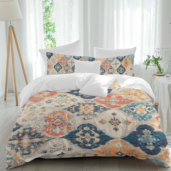 Boho Duvet Cover Set California King Size Vintage Orange Blue Abstract Ethnic Flower Texture Soft Lightweight Comforter Covers 4 Piece Bedding Set with 1 Duvet Cover 1 Bed Sheet & 2 Pillow Shams