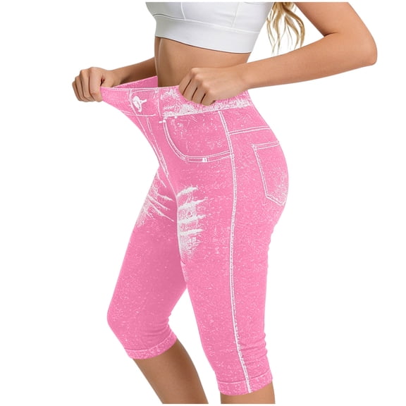 Gytharion Women's Imitation Denim Yoga Pants Stretchy Elastic Waist Capris Leggings Fashion High Waisted Sports Yoga Leggings with Pockets
