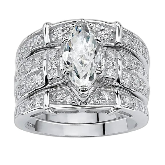 PULABO Cubic Zirconia 14K White Gold Plated Ring for Women Size 9 3 Piece Set