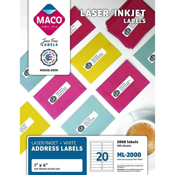 MACO Laser/Ink Jet White Address Labels, 1 x 4 Inches, 20 Per Sheet, 2000 Per Box (ML-2000)