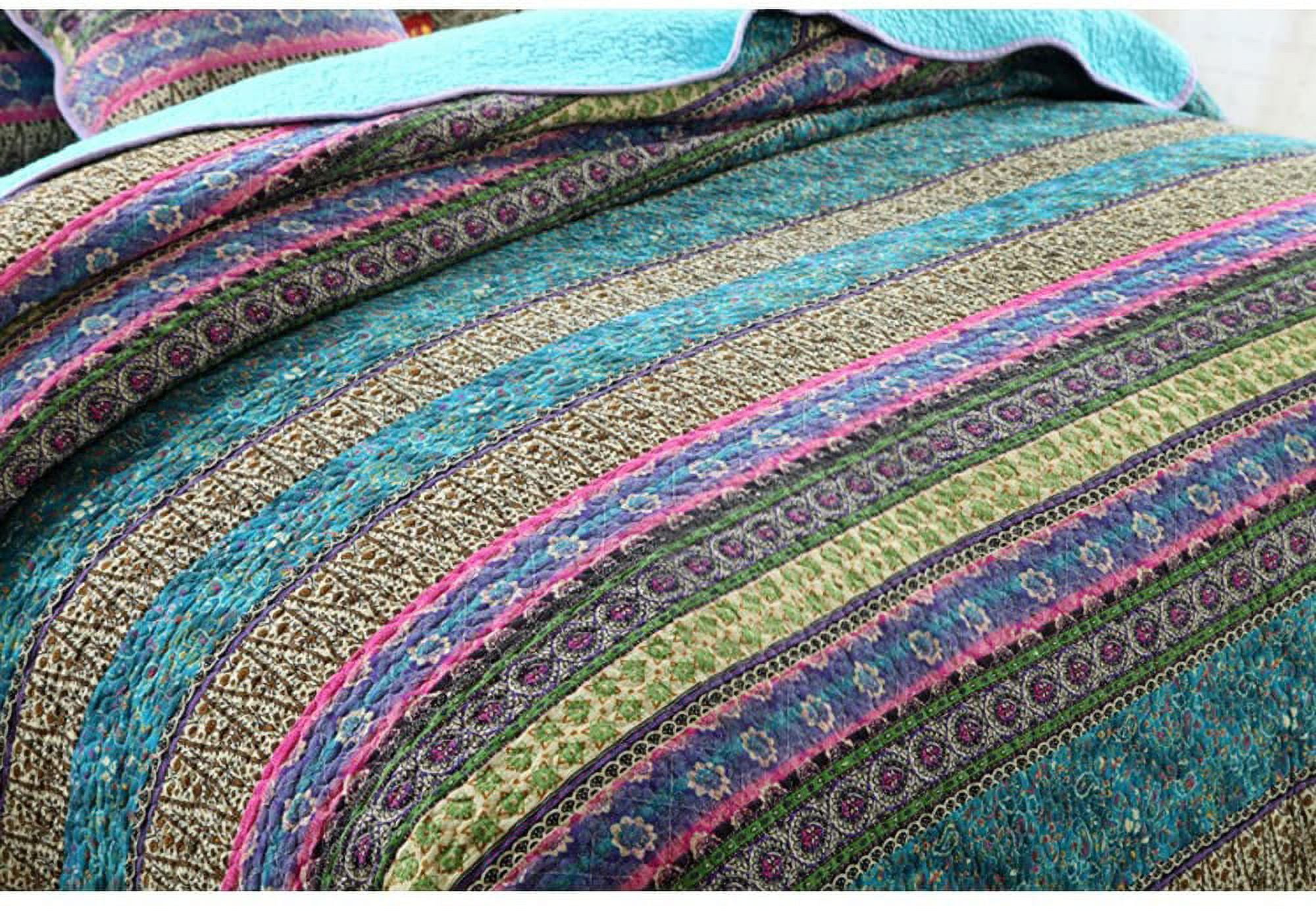 NEWLAKE Cotton Bedspread Queen Quilt Sets Reversible Patchwork Coverlet Set, Blue Striped Jacquard Pattern