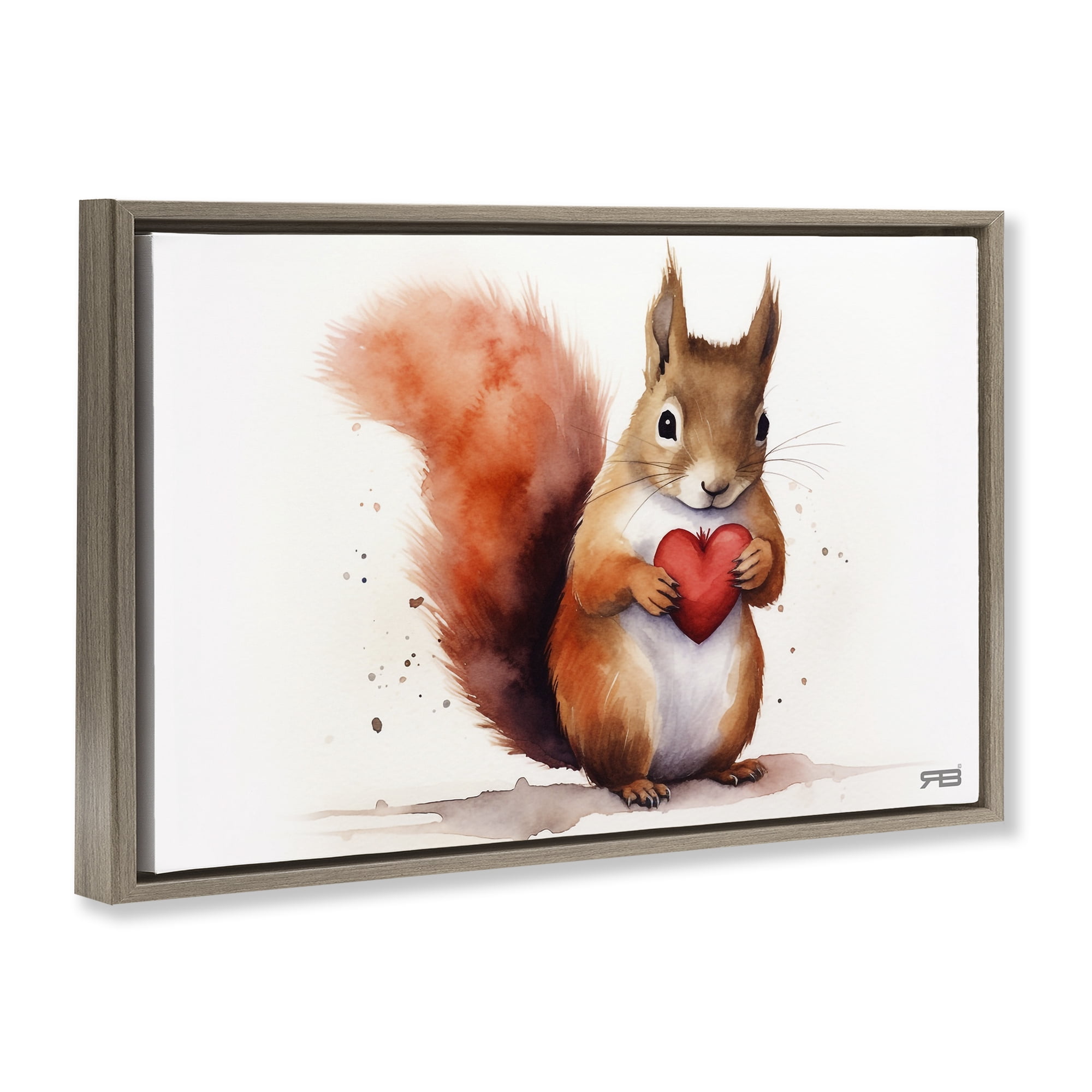 Stupell Industries Squirrel Holding Heart Animals & Insects Painting Brown Floater Framed Canvas Art Print Wall Art, 31 x 21