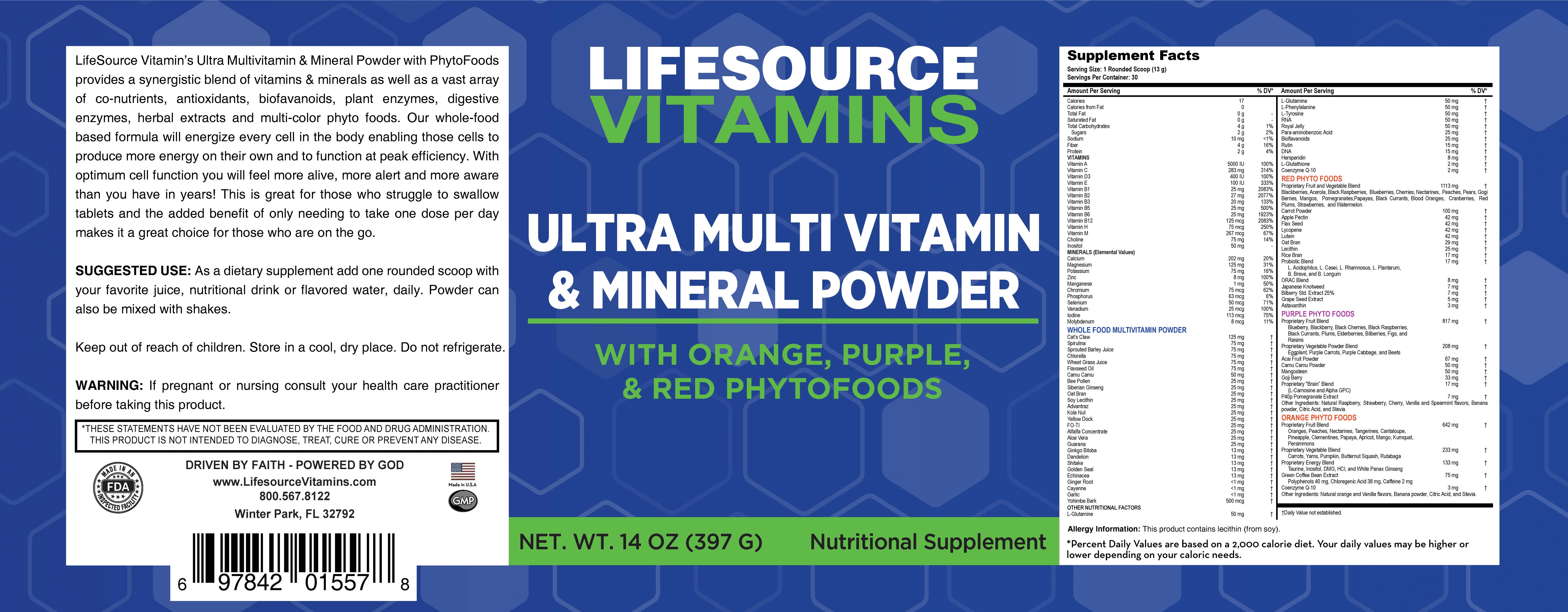 LifeSource Vitamins Ultra Mineral & Multivitamin Powder with Phytos – Naturally Flavored Vitamin Powder for Immune Support - 14 oz