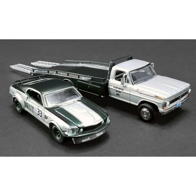 Ford F-350 #2 Ramp Truck Blue and 1969 Ford Mustang Boss 302