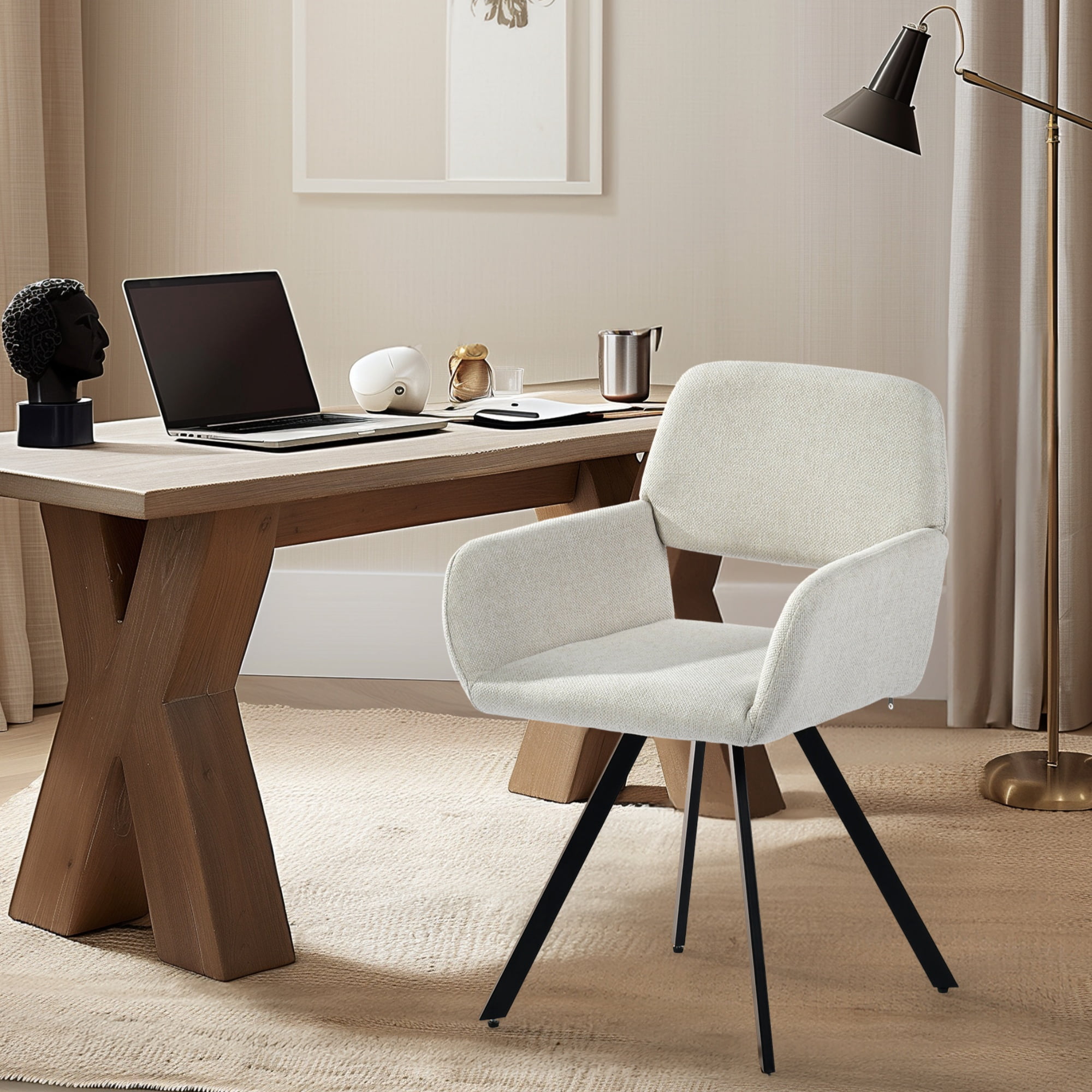 Homy Casa Swivel Office Desk Chair, Upholstered Workstation Computer Chairs For Home Office Vanity, Beige