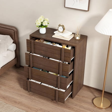 Modern Bedside Table for Dining Room or Bedroom Compact Wooden Side Table with 4 Drawers and Vertical Handle With Anti-Tip Device for Added Safety Perfect for Living Room Entryway or Hallway