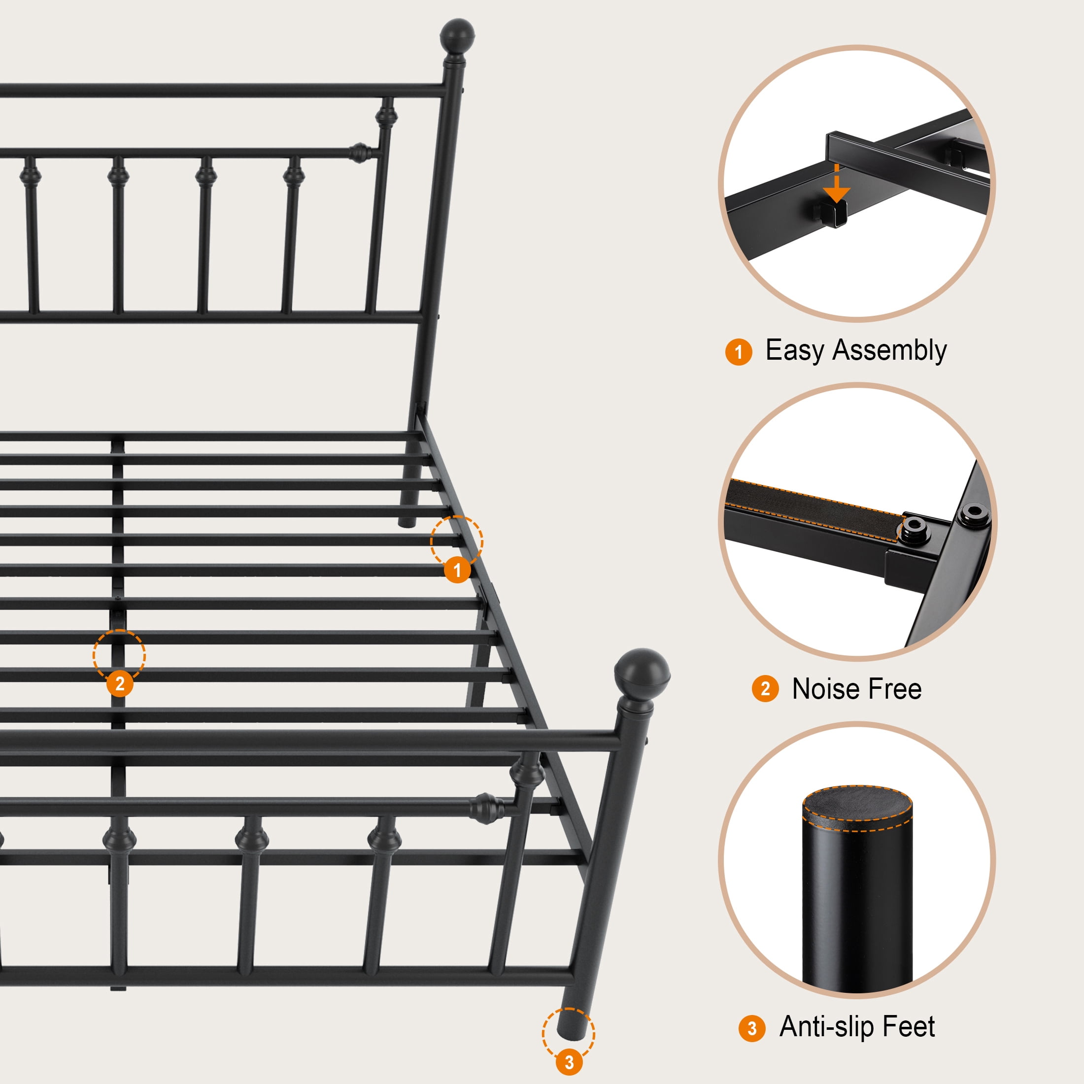 Amolife Queen Bed Frame, Metal Platform Bed Frame with Vintage Pattern Headboard, Black