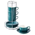 thumbnail image 3 of 4 tazas de café de cerámica con platillo, apilables, para cocina, decoración creativa Verde, 3 of 9