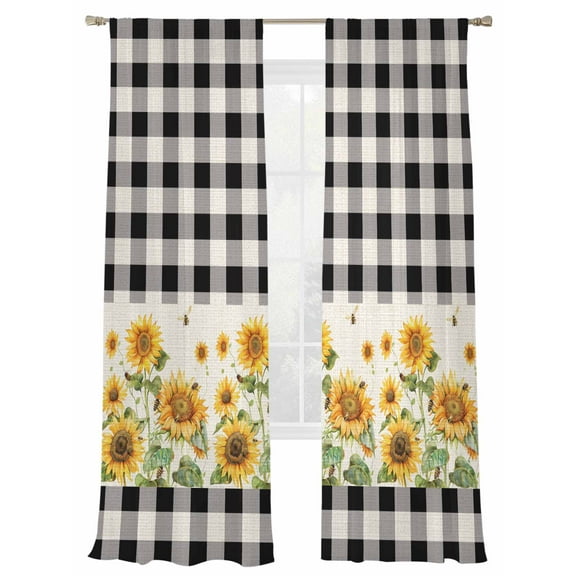 Sunflower Sheer Curtains 96 Inch Length 2 Panels Set, Semi Transparent Voile Rod Pocket Curtains for Living Dining Room Bedroom Drapes Retro Buffalo Plaid Black White Country Bee