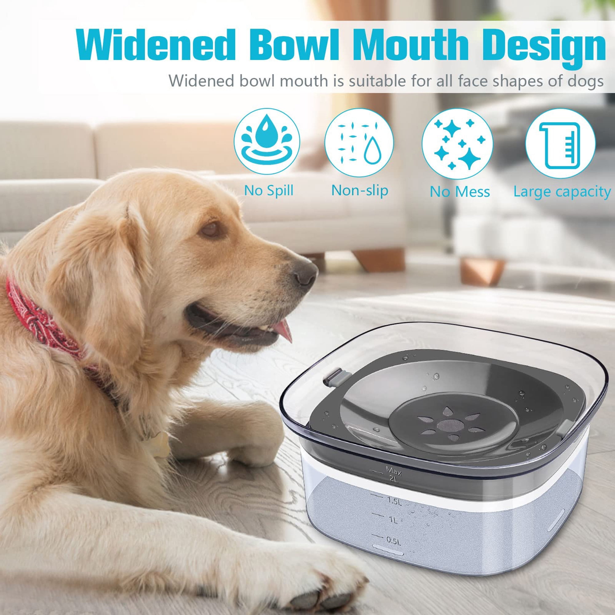 Large 70oz No Spill Dog Water Bowl, 2L Spill Proof Slow Feeder Pet Bowl with Floating Disk, Trael Friendly Slip Design for Messy Drinkers, Car Use, Multi Pet Homes, Gray