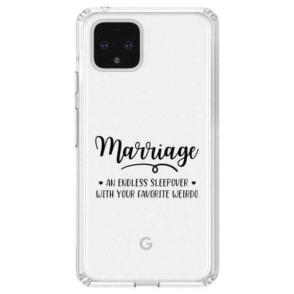 DistinctInk Clear Shockproof Hybrid Case for Google Pixel 4 (6.1" Screen) - TPU Bumper Acrylic Back Tempered Glass Screen Protector - Marriage - Endless Sleepover with Favorite Weirdo