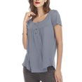 thumbnail image 3 of Mujer Cuello Redondo Top Botón Trim Plisado Busto Manga Corta Tipo Suelto Camiseta Casual Gris M, 3 of 6