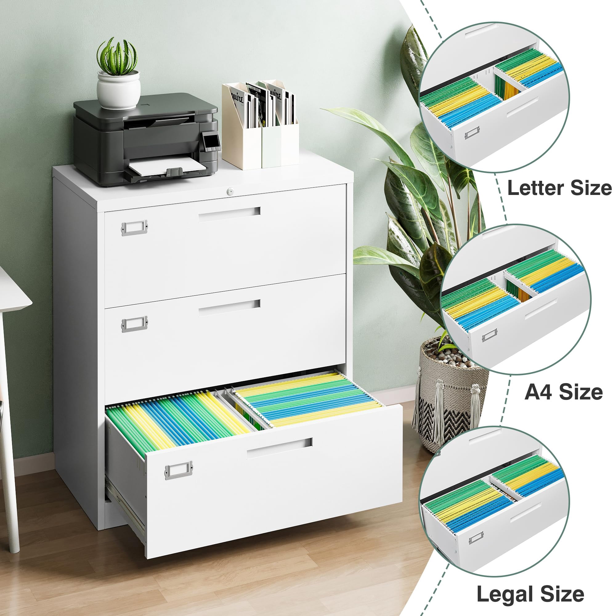 Fesbos 3 Drawer File Cabinets with Lock,Metal Lateral Filing Cabinets for Home Office Organization Hanging Storage Letter/Legal/F4/A4(Assembly Required)