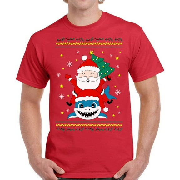 Santa with Shark Christmas Tree Men T-Shirt Xmas Print - S M L XL 2XL 3XL 4XL 5XL Xmas Graphic Tee - Christmas Gift Holiday Cotton T-Shirt for Men