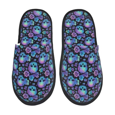 Balery blue daisy Skull flower Slient Indoor Furry Fleece Comfort House Shoes Soft Non-Slip Home Shoes Cotton slippers House Slippers-- Medium