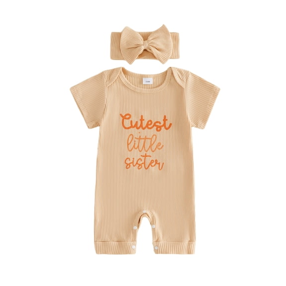 BemeyourBBs Newborn Baby Girl Summer Clothes Infant Baby Girl Little Sister Outfits Ribbed Romper 0 3 6 Months Cutest Little Sister Letter Print Short Sleeve Jumpsuit with Headband Set