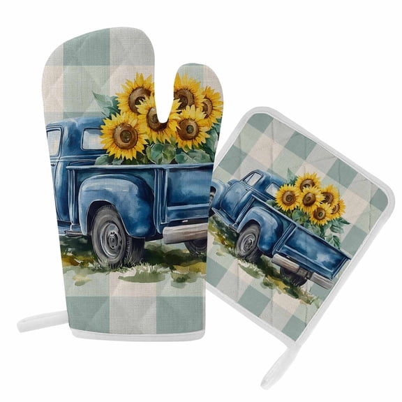 Oven Mitt and Pot Holders SetBlue Truck Yellow Sunflowers Heat Resistance Oven Gloves with Non-Slip Surface Kitchen Oven Mitts and Hot Pads for Cooking Baking Grilling BBQ, Blue Check